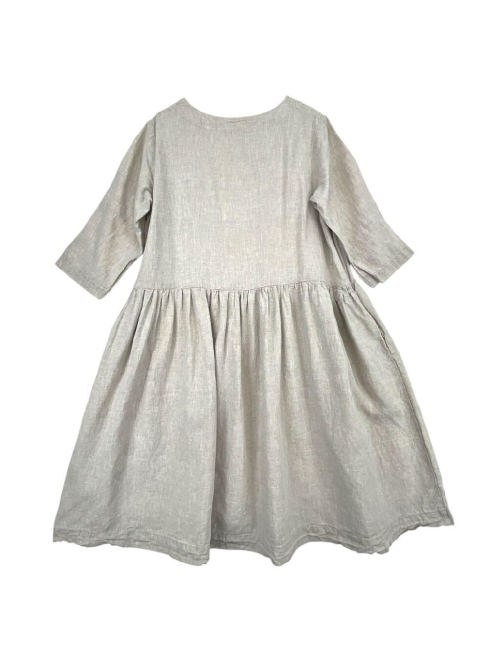 Len Ok Linen Dress Womens XL Beige 3/4 Sleeve Trapeze Swing Midi Pockets - Picture 4 of 12
